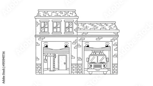 Friendly cartoon fire station with a smiling fire truck, perfect for coloring.