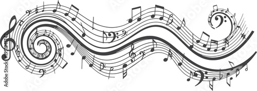 Musical Staff with Notes and Wavy Pentagram Seamless Pattern