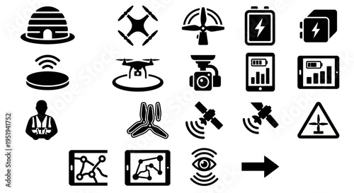 Solid black icons for drone fleet management and UAV maintenance logistics. Docking stations, battery modules, and calibration sensors collection. Vector illustration for logistics apps, tech blogs, a