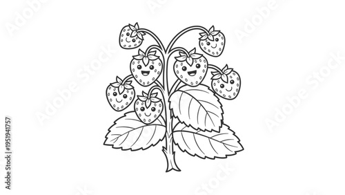 Happy cartoon strawberry plant with smiling fruits and leaves
