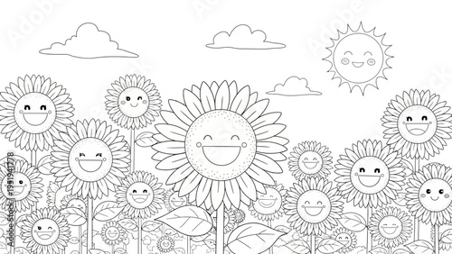 Happy cartoon sunflowers in a field, black and white coloring page.