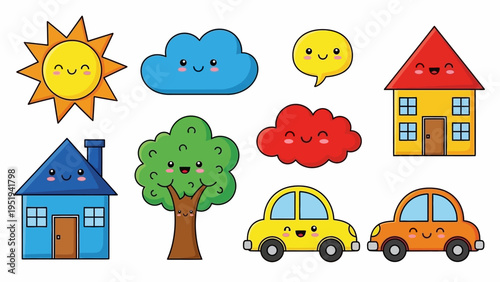 Collection of Cute Kawaii Cartoon Elements with Smiling Faces