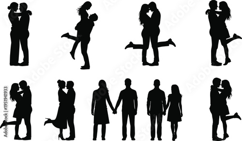 Romantic couple silhouettes hugging, kissing, holding hands, affectionate poses, love, relationship, emotional connection, lifestyle, vector illustration design