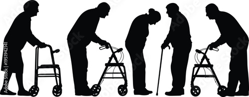 Elderly silhouettes illustration, seniors with walkers and canes vector design, aging mobility icons, assistive device art collection