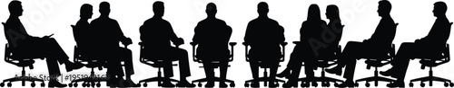 Silhouettes of business people seated in office chairs forming circular meeting, teamwork, collaboration, corporate discussion, professional vector illustration