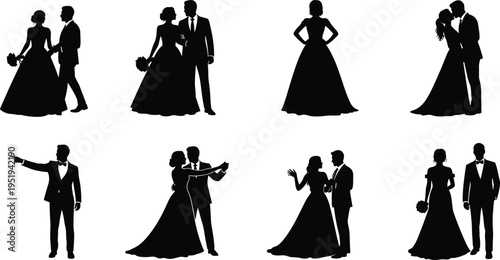 Silhouettes of bride and groom in wedding attire, romantic poses and interactions, vector illustration for celebration, photography, and design projects