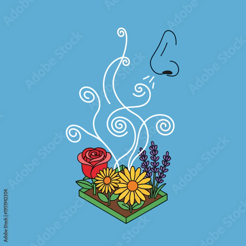 Illustration depicting a nose smelling fragrant flowers, with scent trails rising upwards.
