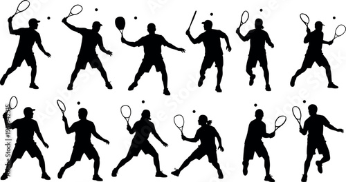 Tennis player silhouettes vector illustration, dynamic sports action poses, serving, forehand, backhand, volley movements, athletic competition artwork design elements