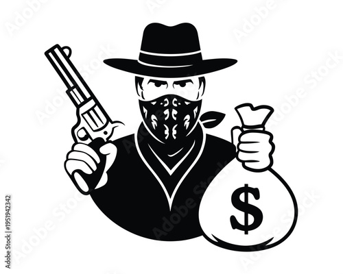 Cowboy bandit character illustration, wild west outlaw holding revolver and sack of money isolated on white background cartoon vector design.