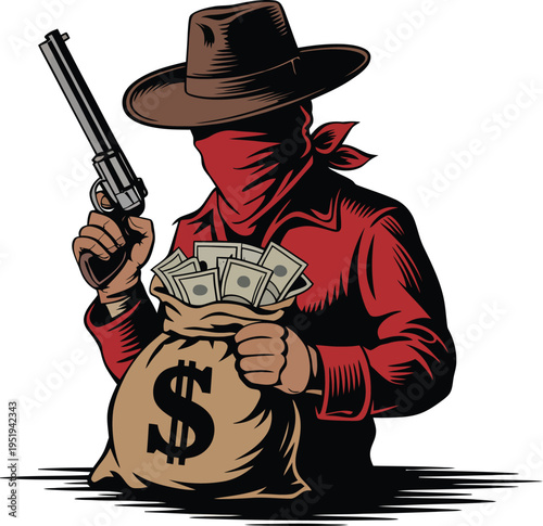 Cowboy outlaw bandit illustration, western character holding revolver and money sack isolated on white background cartoon vector graphic