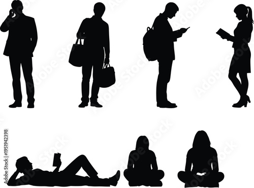 Human silhouettes in everyday activities, standing, sitting, reading, talking, vector illustration for lifestyle, design, posture, creativity concepts