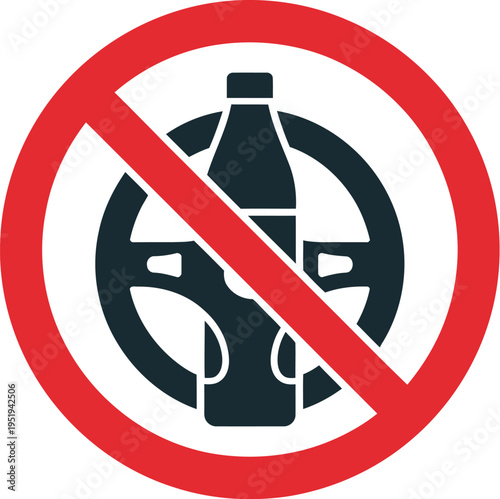 No drunk driving icon illustration, prohibition symbol with wine bottle and car wheel warning against drinking and driving for road safety.