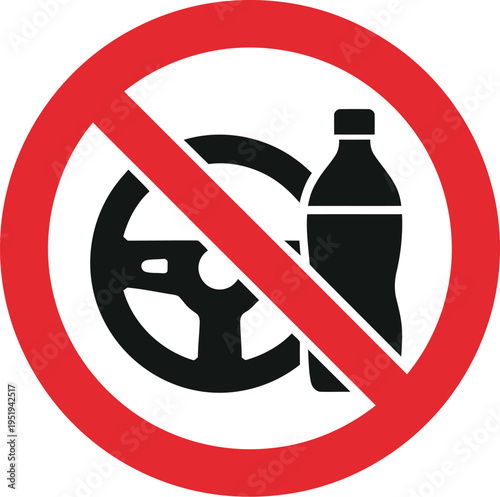 No drunk driving prohibition illustration, flat vector icon with wine bottle and car wheel symbol warning against alcohol driving.