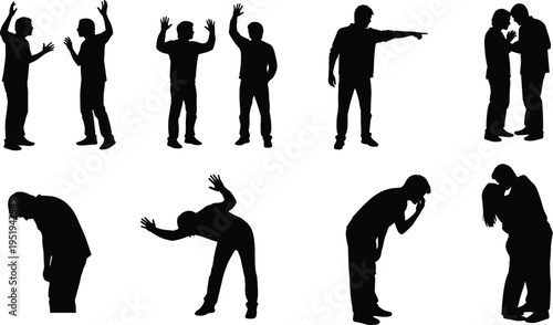 Human silhouettes in expressive postures, argument, surrender, contemplation, embrace, vector illustration for design, artwork, emotional themes
