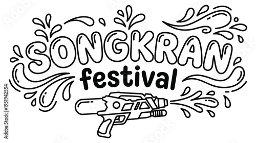 Songkran festival water gun and typography outline coloring vector
