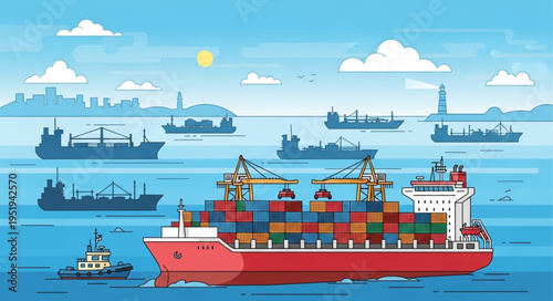 Container Ship at Sea - A Vibrant Illustration of Global Trade.