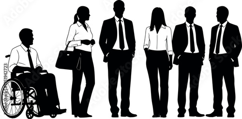 Silhouettes of business professionals in suits, workplace diversity, inclusion with wheelchair, men and women, corporate attire vector illustration
