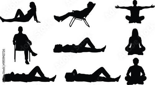 Seated and lying people silhouettes, posture illustration vector design, relaxation body positions icons, ergonomic therapy art collection