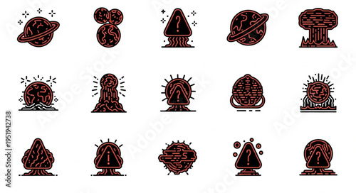 Collection of stylized planet and explosion icons in dark red.