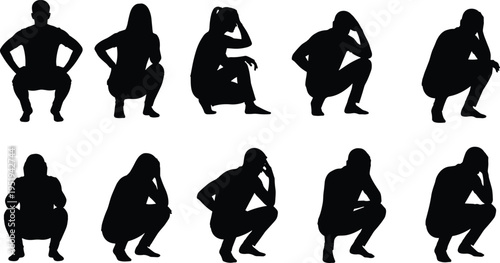 Human silhouettes in squatting positions, body language illustration, ergonomic posture vector design, diverse people movement concept, lifestyle artwork