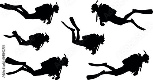 Scuba diver silhouette vector illustration with underwater swimming poses, fins, tanks, masks, aquatic sports artwork, marine exploration design inspiration