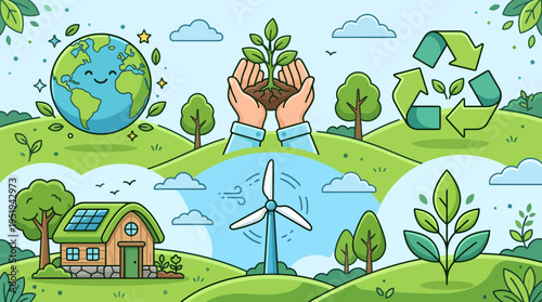 Hands holding green plant sprout upwards.