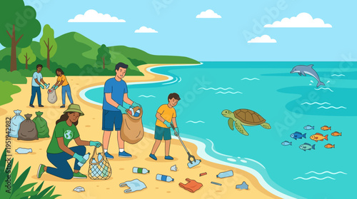 People cleaning beach with trash bags.