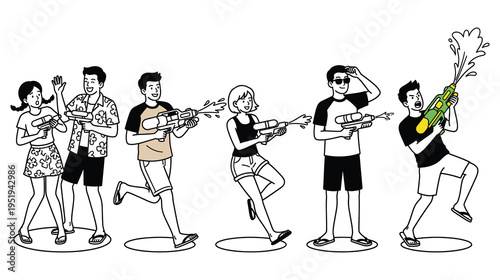 People playing with water guns songkran festival characters vector