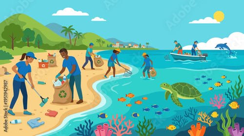 People cleaning beach with turtle nearby.