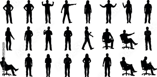 Black silhouettes of diverse people in standing and seated poses, expressive gestures, body language vector artwork for design, animation, educational content