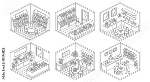 Set of 6 isometric office interior vector illustrations