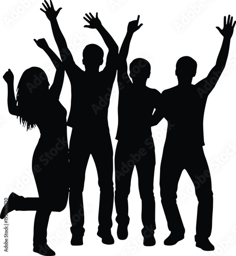 Celebrating group silhouettes illustration, joyful poses vector design, people unity icons, friendship excitement art, dynamic interaction collection