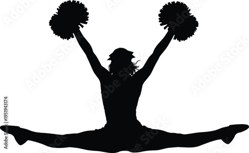 Cheerleader silhouette performing mid-air split jump with pom-poms, dynamic sports illustration for dance, gymnastics, performance, energy concept