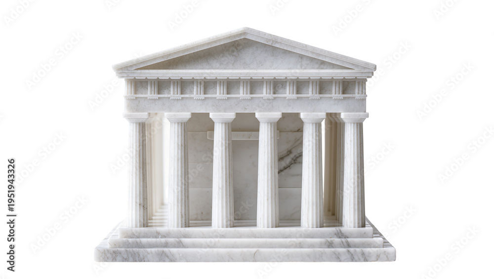 Fototapeta premium Exquisite white marble classical Greek temple model, an ancient architectural replica with fluted columns and pediment, isolated PNG