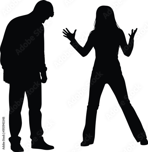 Two people silhouettes facing each other, expressive body language illustration, interpersonal communication vector design, emotional posture artwork concept