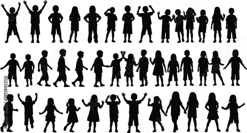 Silhouettes of children in playful poses, raising arms, holding hands, standing, expressive gestures, diverse kids vector illustration artwork