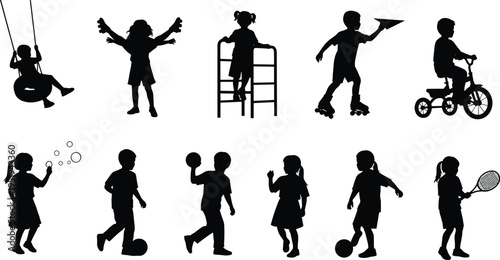 Silhouette collection of children playing, swinging, skating, cycling, skipping, walking, holding toys, vector illustration for design, cataloging, classification, SEO optimization