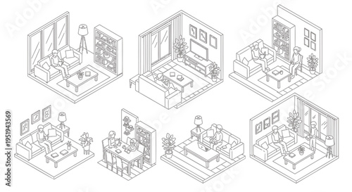 Set of 7 isometric living room interior designs vector