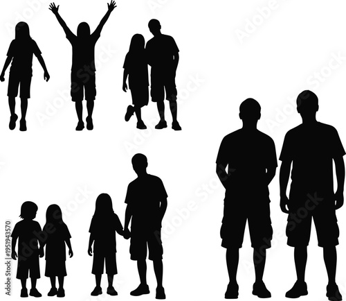 Silhouette collection of children, adolescents, adults in pairs, standing, holding hands, raising arms, vector illustration for design, cataloging, classification, SEO optimization