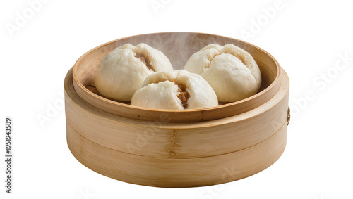 фотографія Three hot, fluffy steamed buns served in a traditional bamboo steamer, isolated