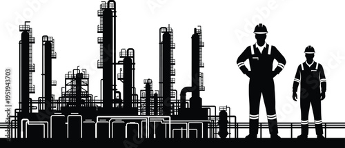 Industrial refinery silhouettes with distillation towers, chemical plant infrastructure, workers in hard hats, energy production vector artwork illustration