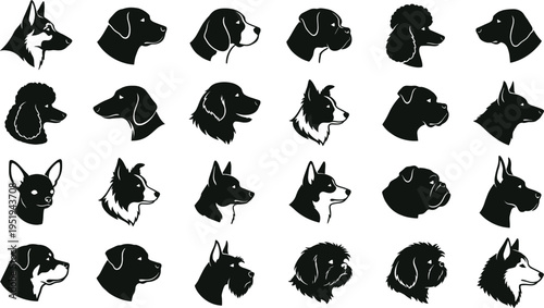 Silhouette vector illustration of diverse dog breeds heads in profile, pet design collection showcasing unique ears, snouts, fur textures