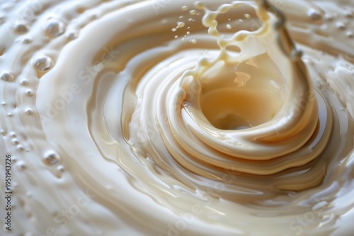 Milk or cream is splashing, creating concentric ripples and droplets