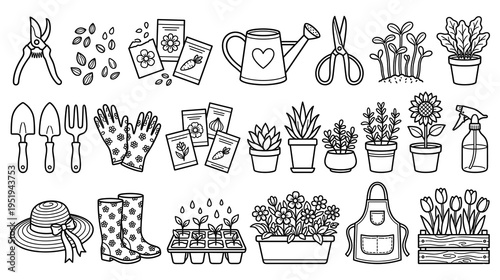 Gardening tools and plants outline icons collection coloring page