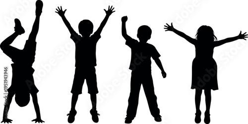 Children silhouette vector illustration with playful poses, dynamic gestures, expressive body language artwork, creative design elements, decorative composition
