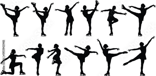 Figure skating silhouettes in dynamic poses, spins, jumps, spirals, arabesques, athletic artistry, ice performance vector illustration design