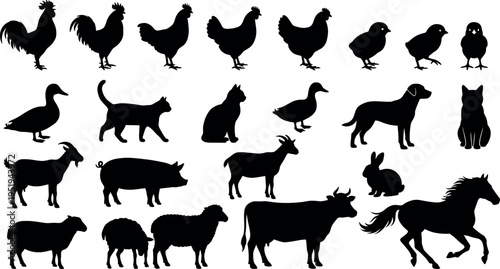  Silhouette vector illustration of diverse farm animals including roosters, hens, ducks, cats, dogs, goats, pigs, rabbits, sheep, cows, horses, owl
