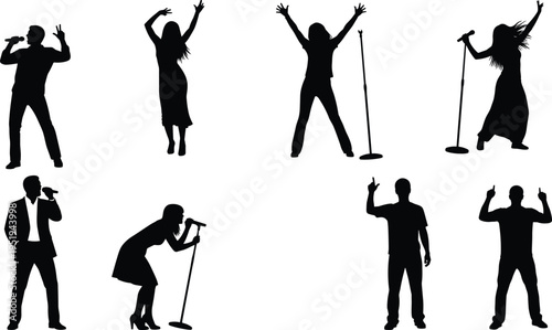 Silhouettes of singers performing with microphones, expressive stage poses, dynamic concert energy, music entertainment illustration for creative design projects