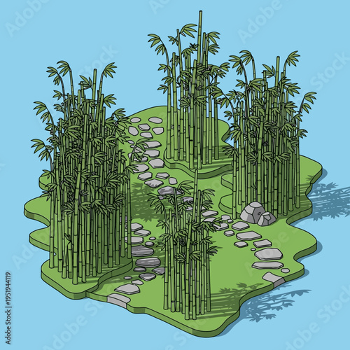 An isometric illustration of a serene bamboo garden with stepping stones and lush greenery.