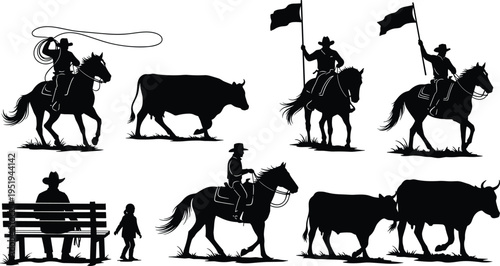 Silhouettes of cowboys, horses, cattle, and ranch life scenes, Western culture vector artwork, traditional rural design illustration